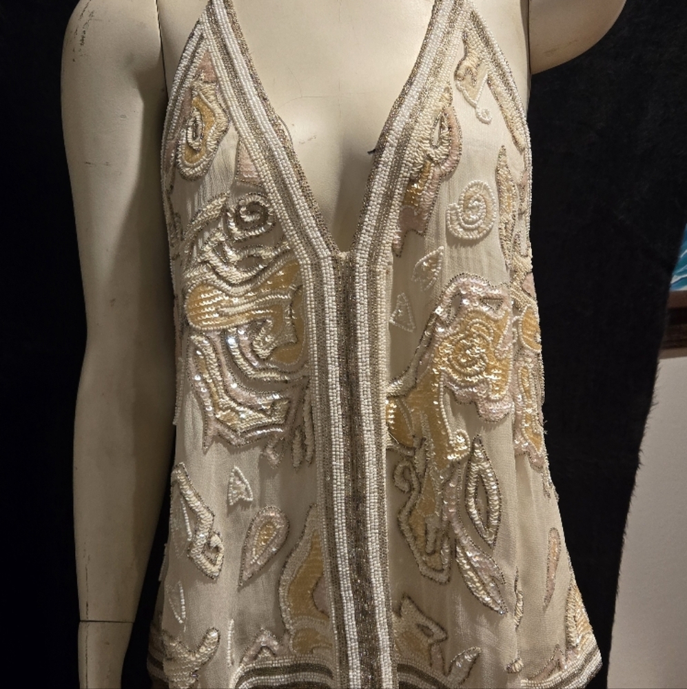 Free People Cream and Gold Embellished V-Neck Camisole